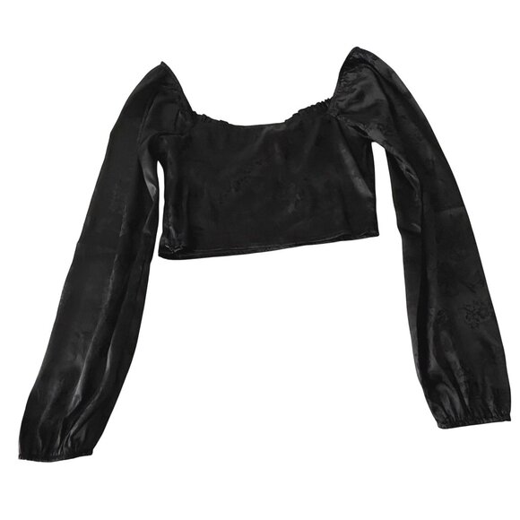 Black Off-The-Shoulder Jacquard Long-Sleeve Crop Top S By Lila Hearts - Picture 3 of 6